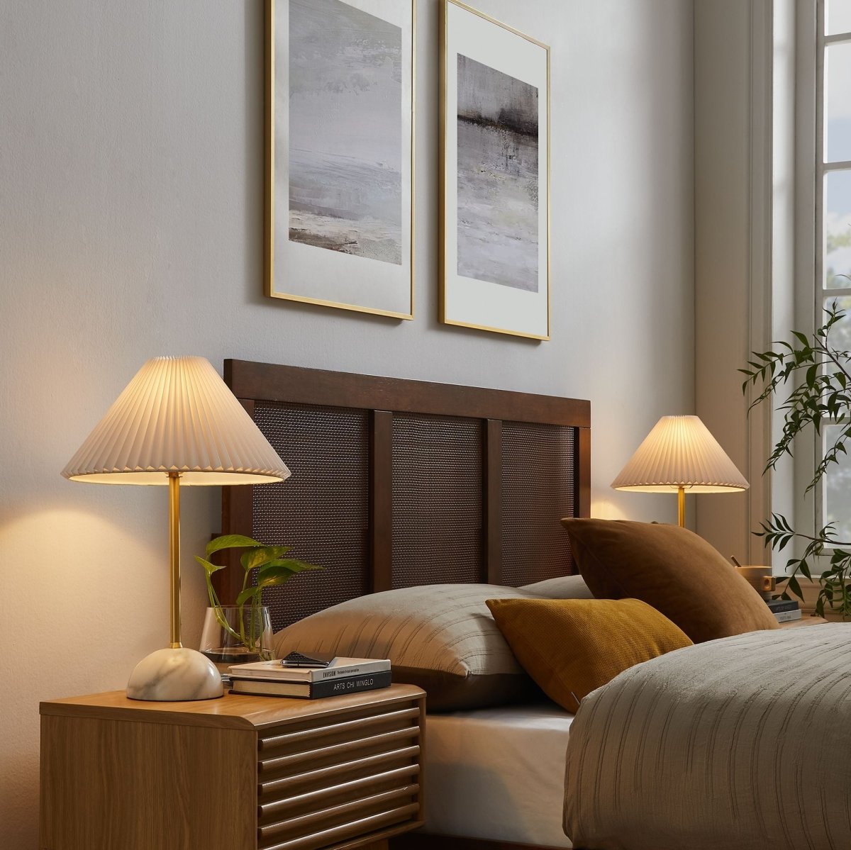 Marble Dome Table Lamp with Pleated Fabric Shade – Brass - Lighting - Alpine Outlets