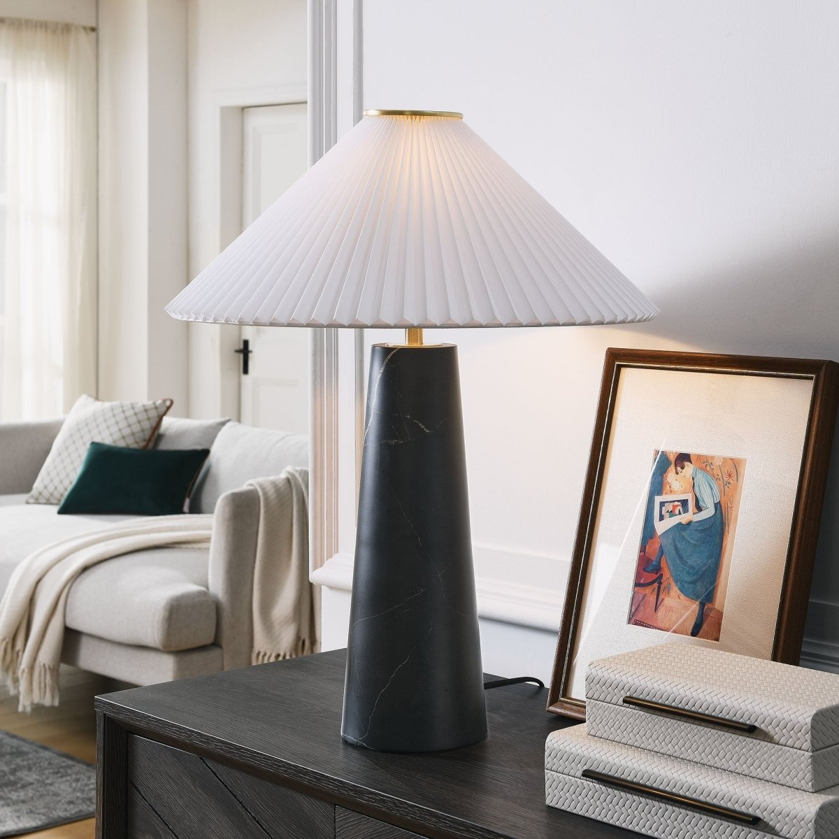 26" Black Marble Pattern Table Lamp with Pleated Shade - Lighting - Alpine Outlets