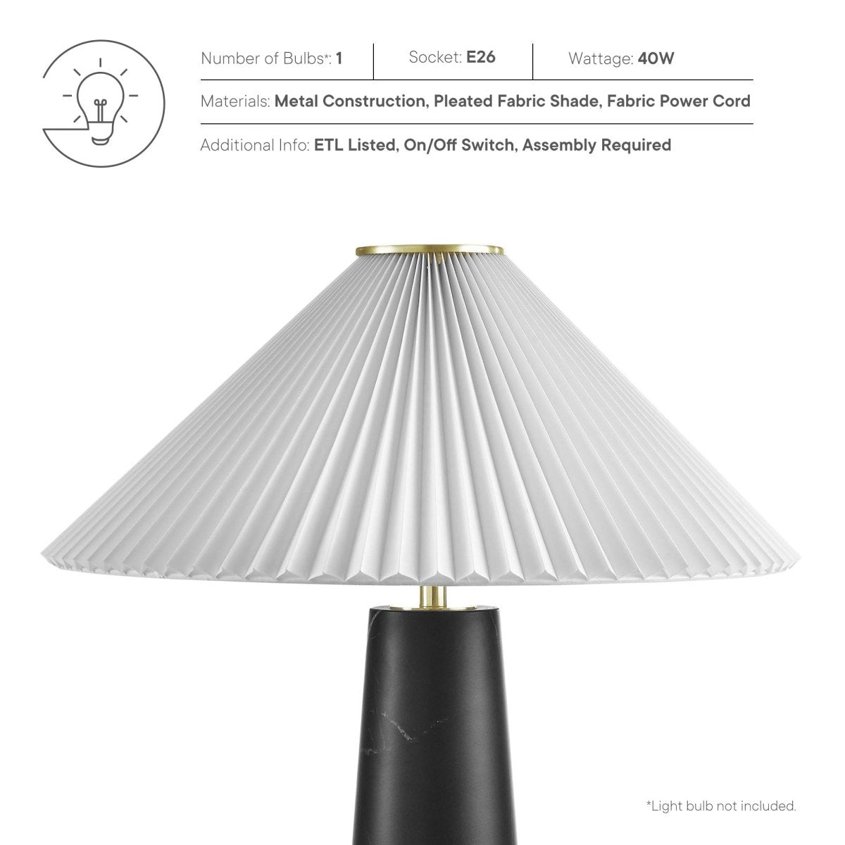 26" Black Marble Pattern Table Lamp with Pleated Shade - Lighting - Alpine Outlets