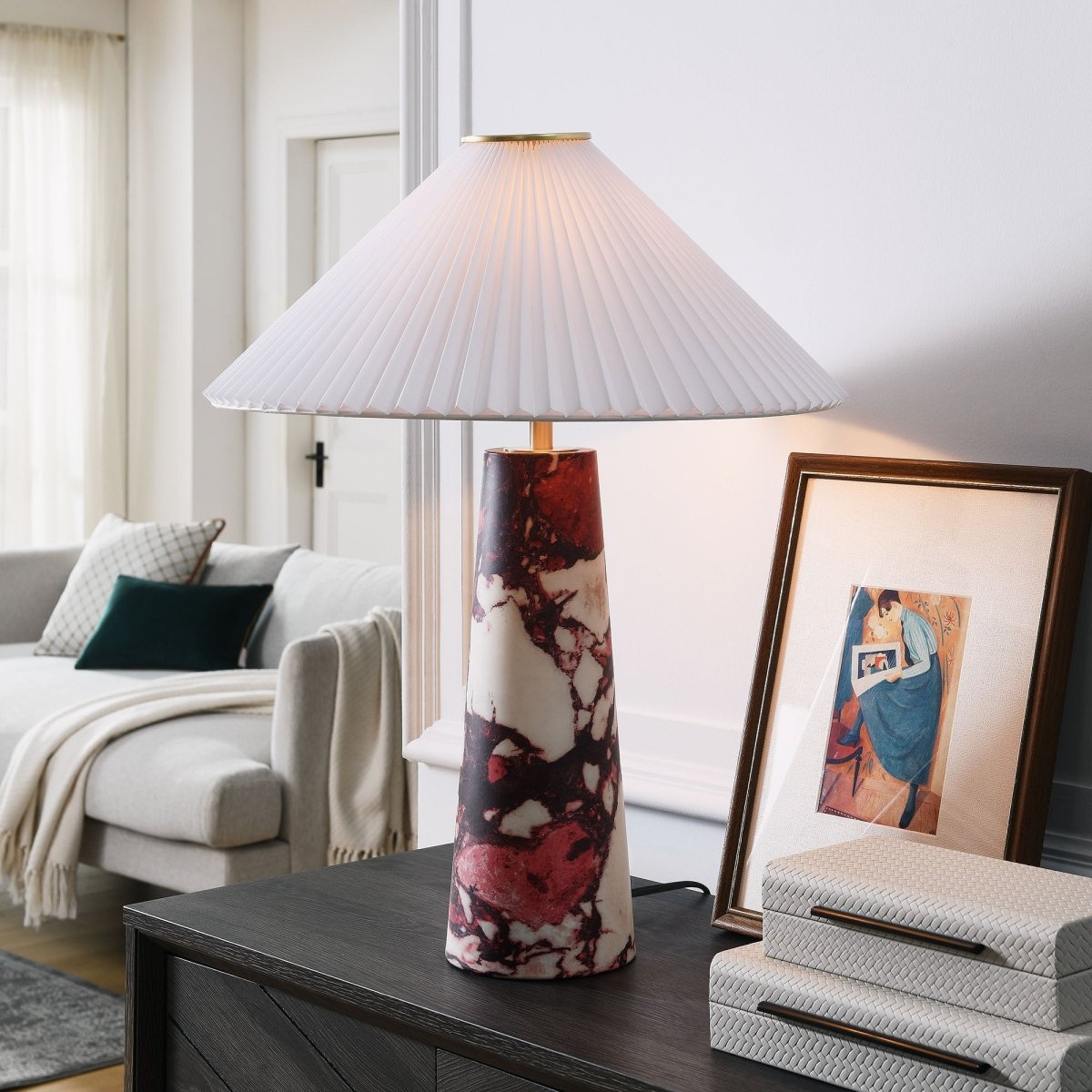 26" Red Marble Pattern Table Lamp with Pleated Shade - Lighting - Alpine Outlets