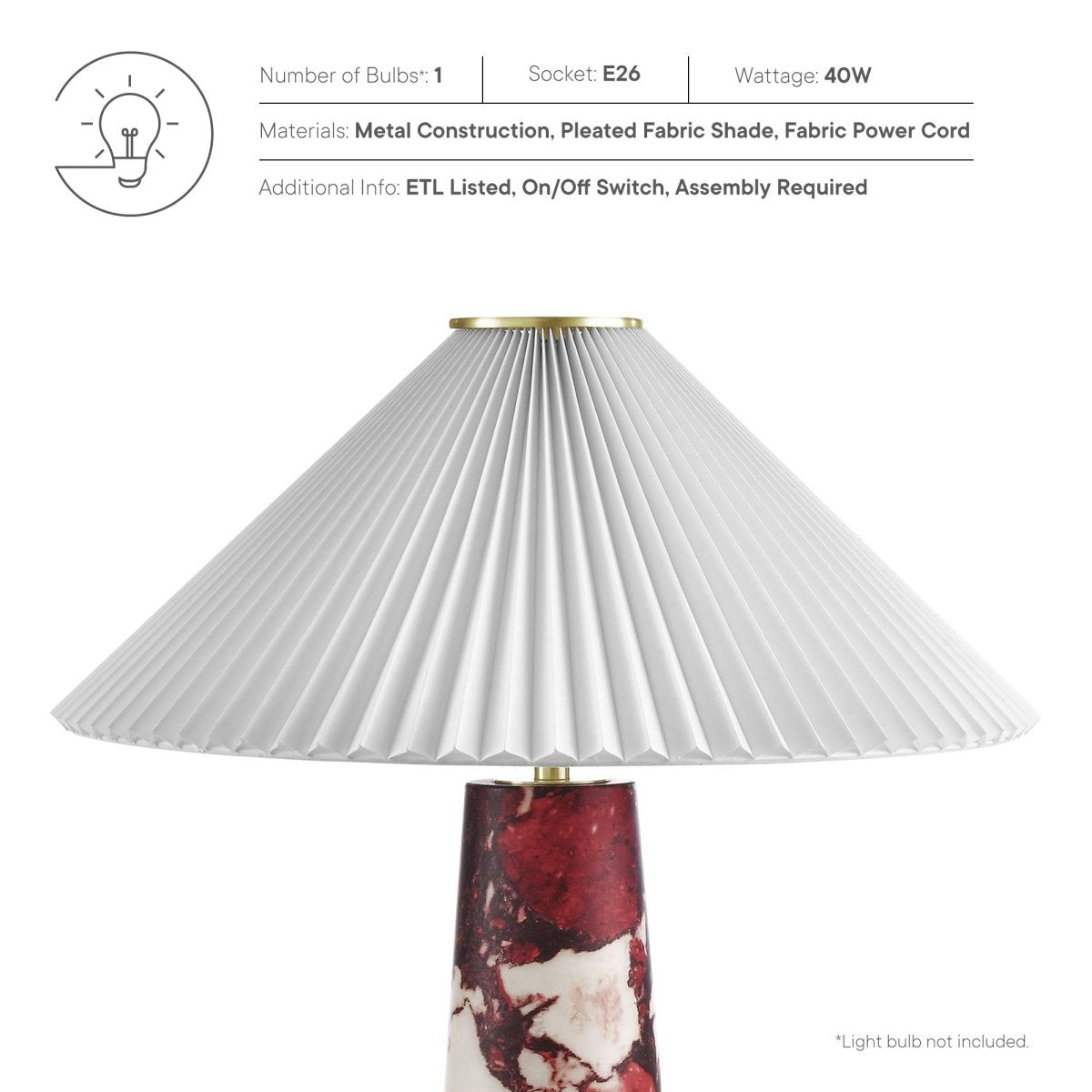 26" Red Marble Pattern Table Lamp with Pleated Shade - Lighting - Alpine Outlets