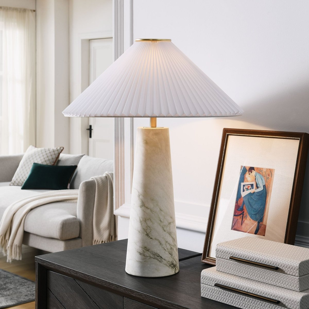 26" White Marble Pattern Table Lamp with Pleated Shade - Lighting - Alpine Outlets