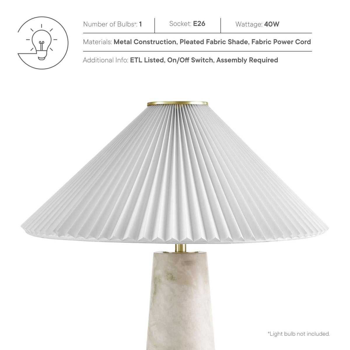 26" White Marble Pattern Table Lamp with Pleated Shade - Lighting - Alpine Outlets