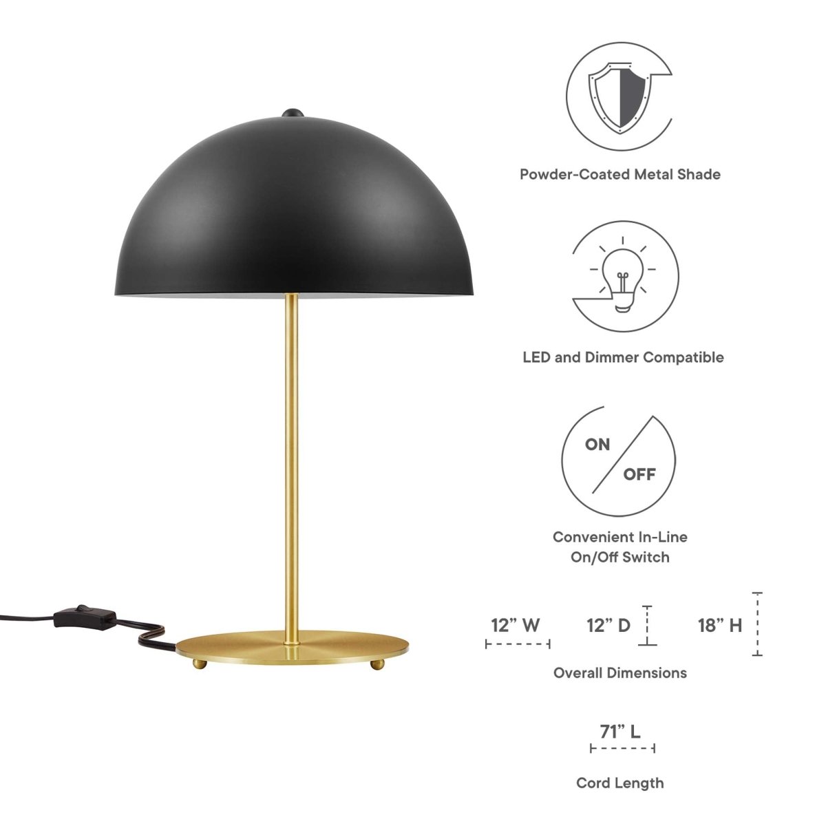 Metal Dome Table Lamp β Black and Satin Brass - Lighting - Alpine Outlets