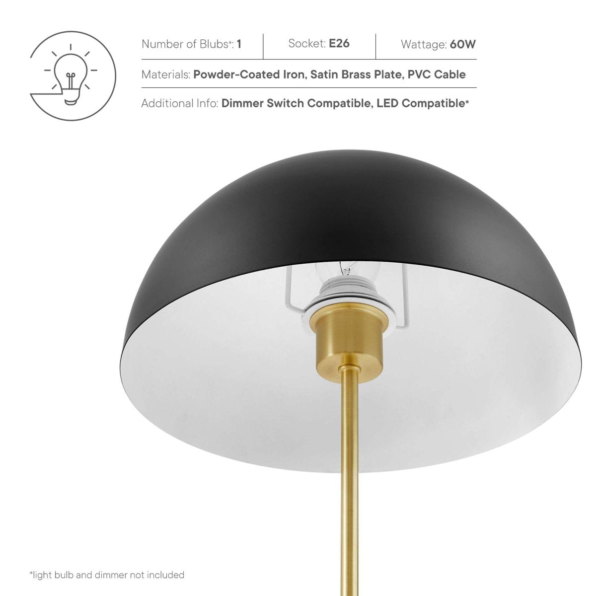 Metal Dome Table Lamp β Black and Satin Brass - Lighting - Alpine Outlets