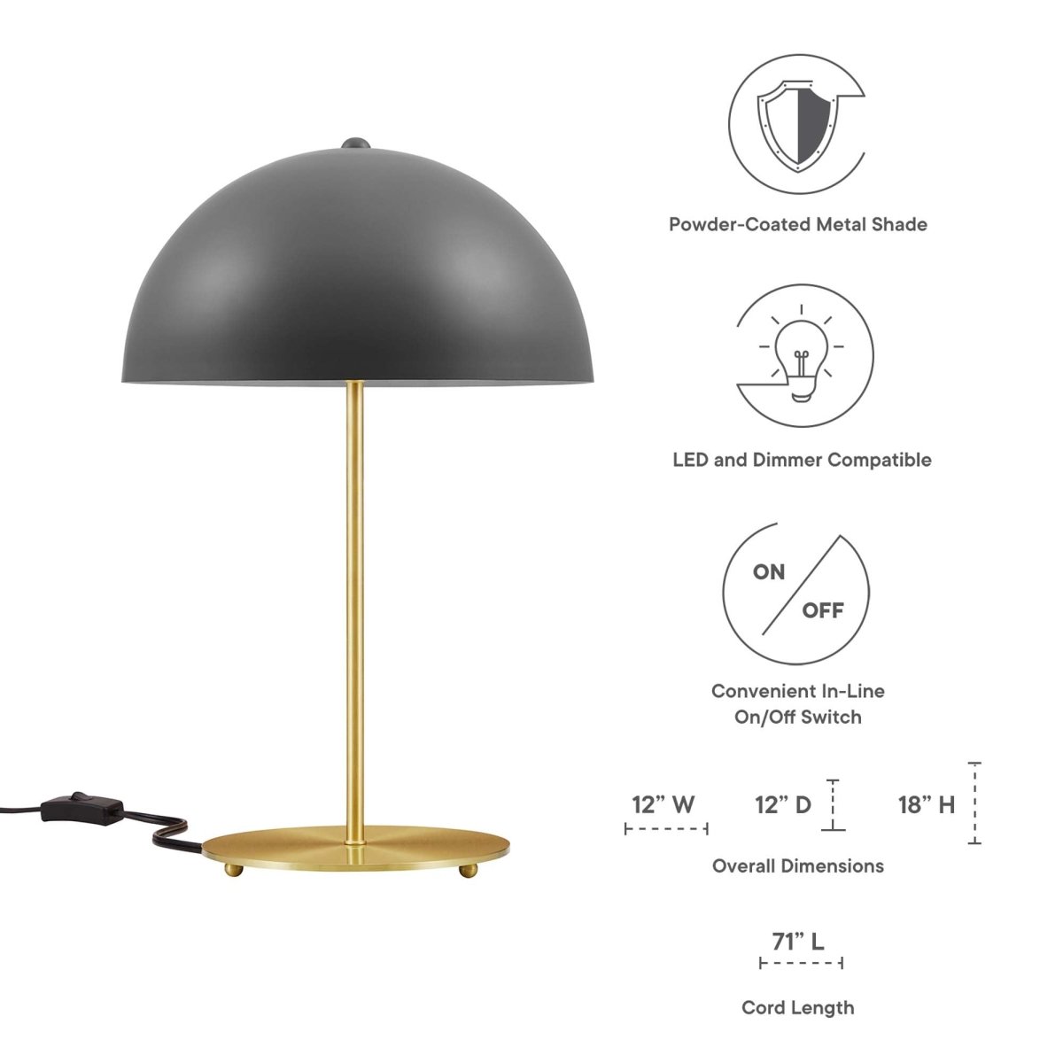 Metal Dome Table Lamp β Gray and Satin Brass - Lighting - Alpine Outlets