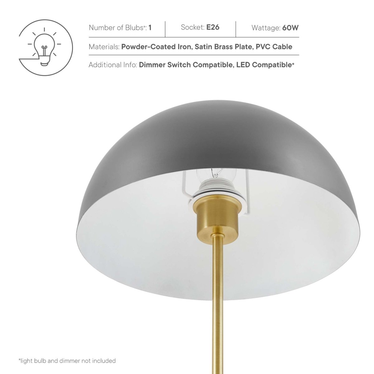 Metal Dome Table Lamp β Gray and Satin Brass - Lighting - Alpine Outlets