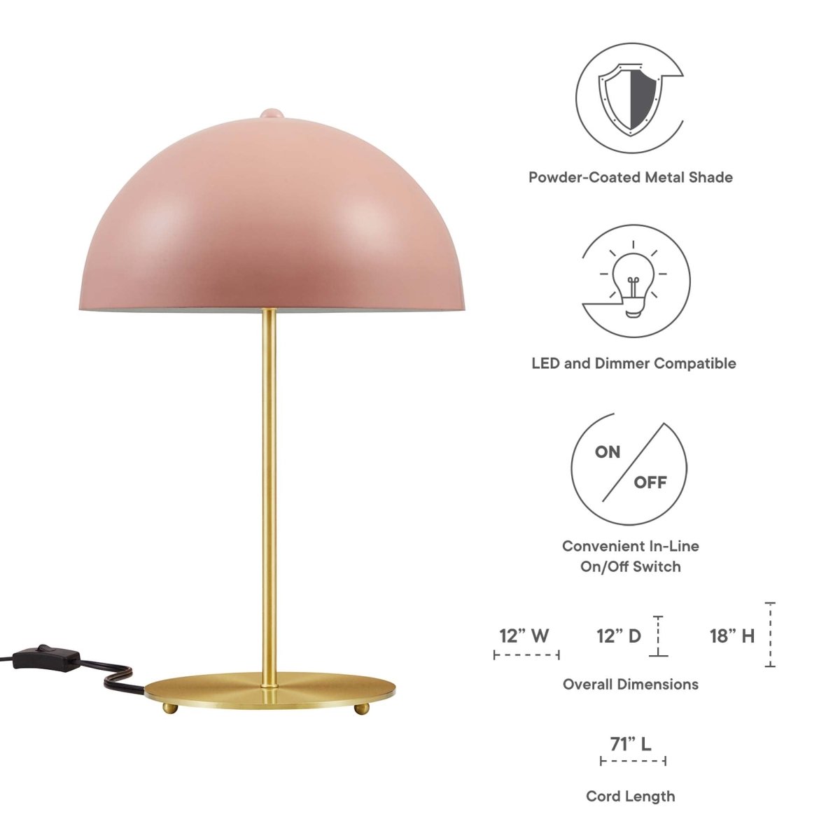 Metal Dome Table Lamp β Pink and Satin Brass - Lighting - Alpine Outlets