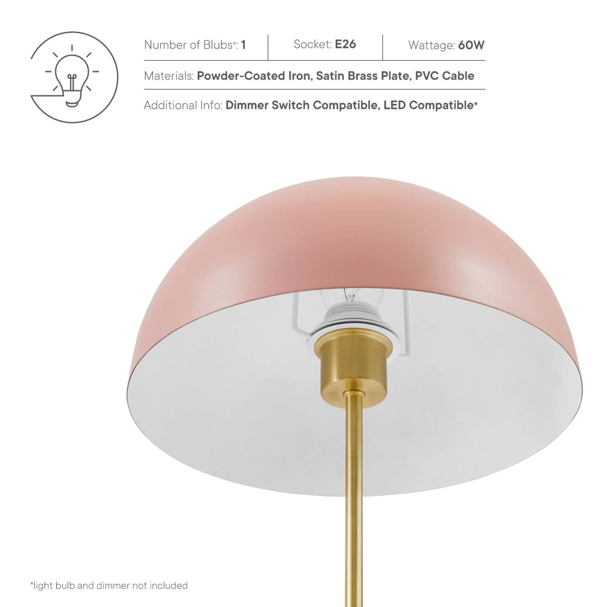 Metal Dome Table Lamp β Pink and Satin Brass - Lighting - Alpine Outlets