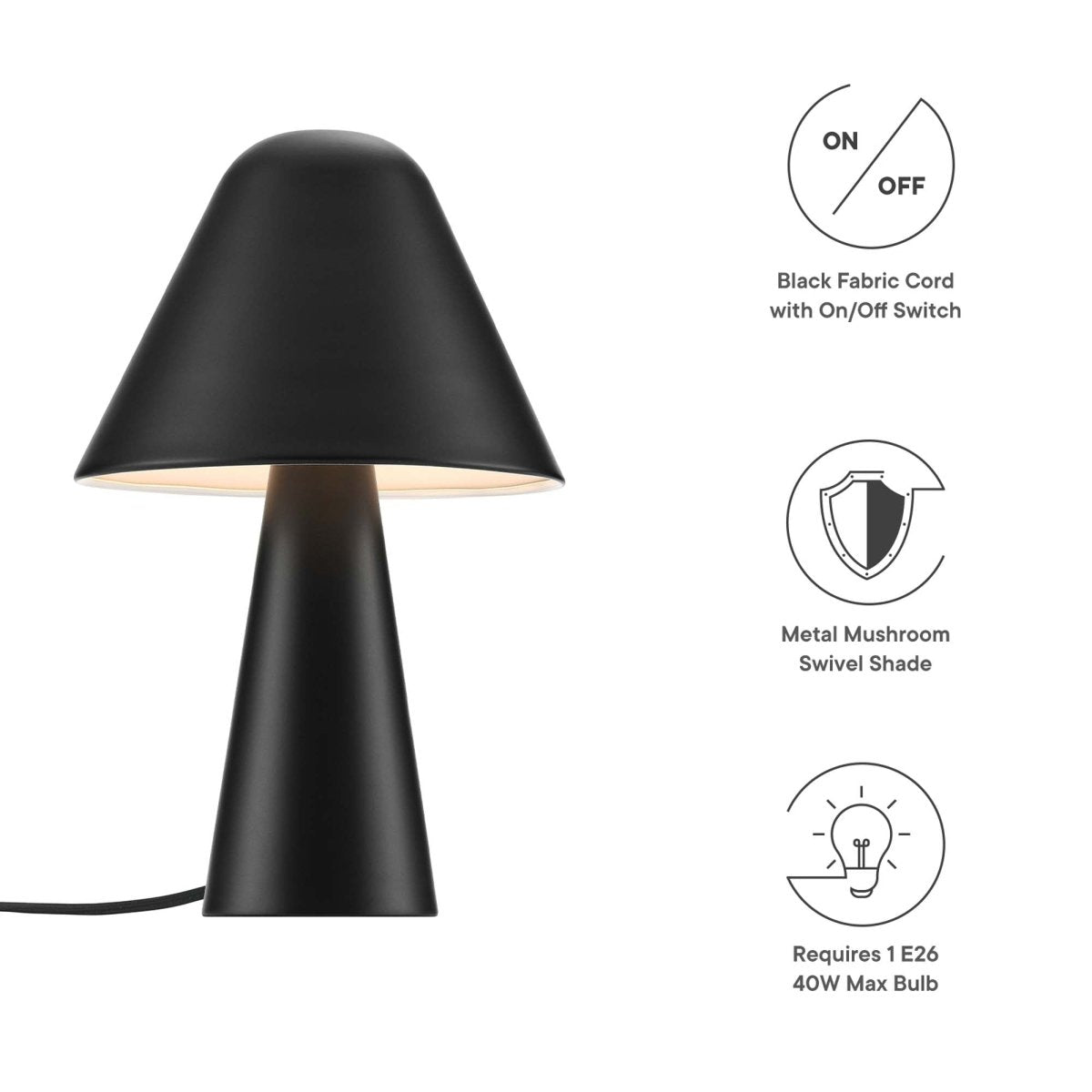 16" Black Metal Mushroom Table Lamp with Swivel Shade - Lighting - Alpine Outlets