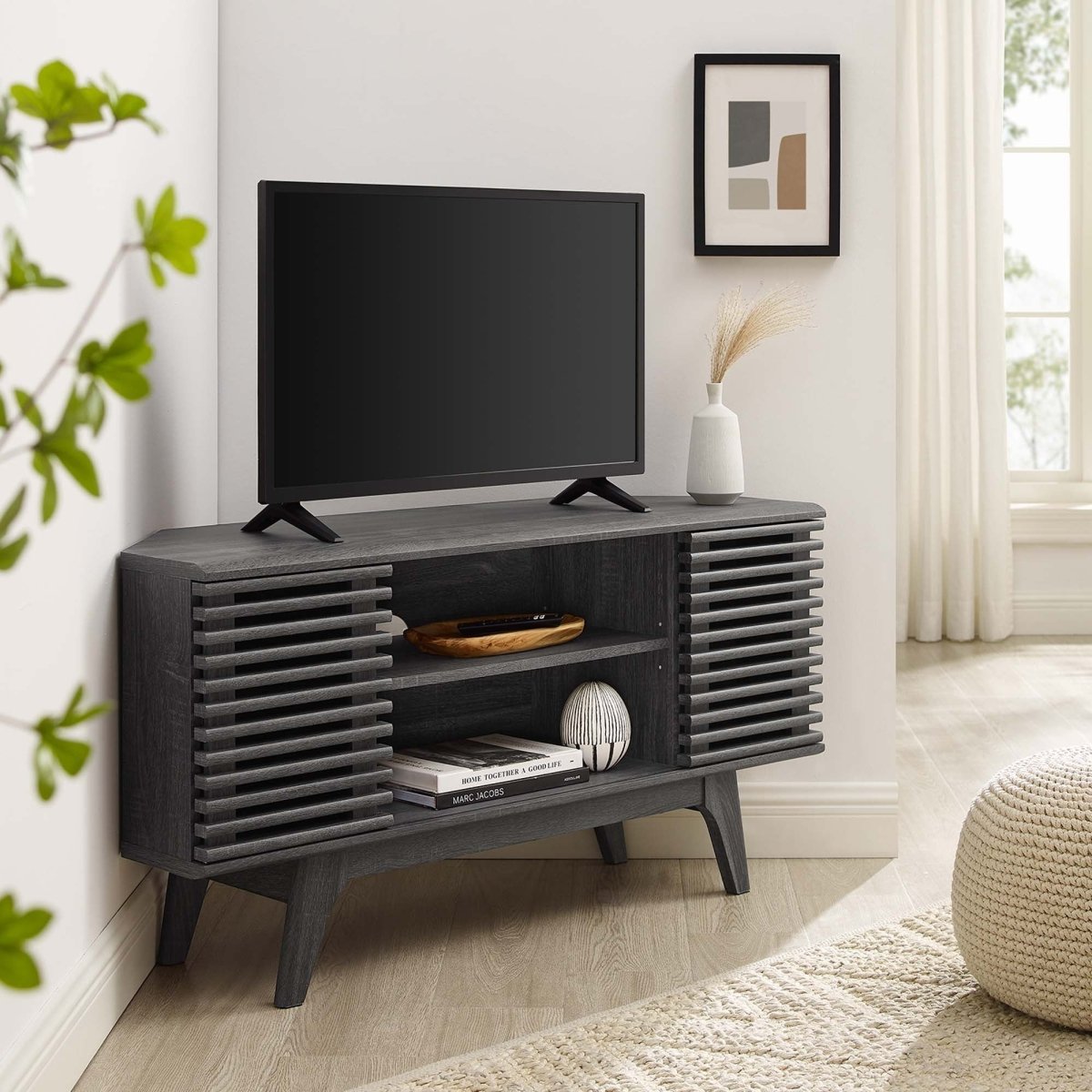 Mid Century Modern Corner TV Stand with Sliding Doors and Shelves 46 Inch - TV Stands available at Alpine Outlets in Denver
