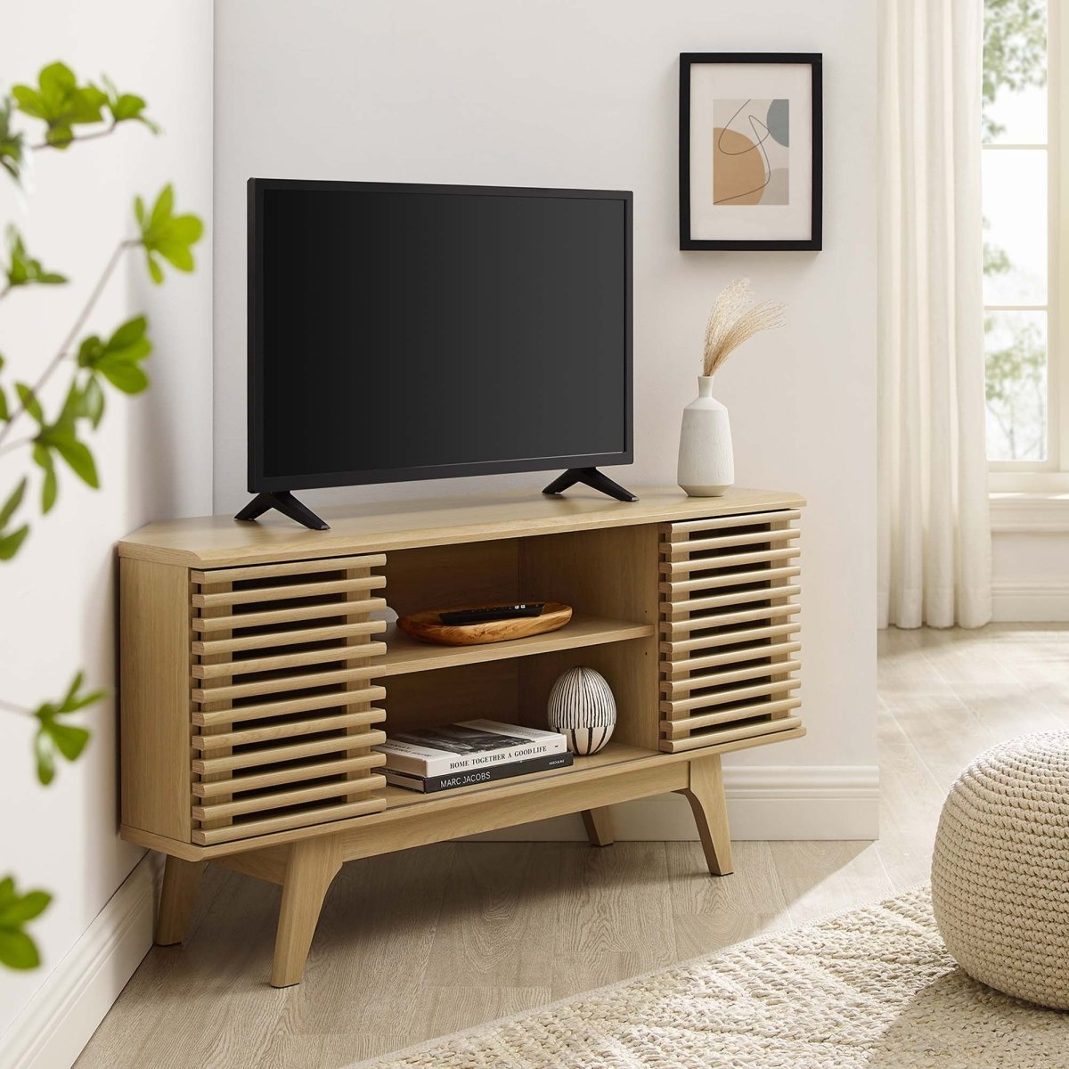 Mid Century Modern Corner TV Stand with Sliding Doors and Shelves 46 Inch - TV Stands available at Alpine Outlets in Denver