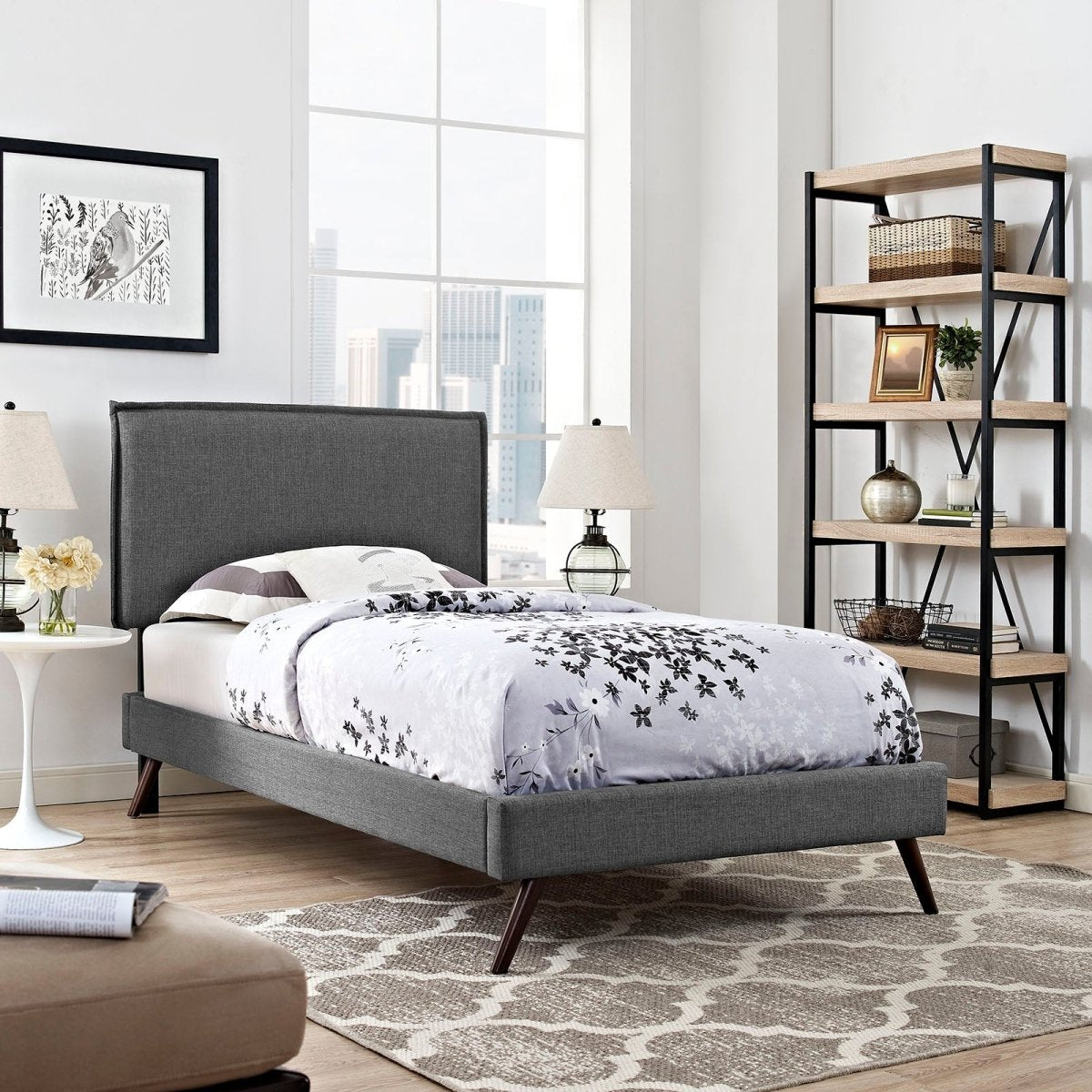Mid - Century Modern Fabric Platform Bed with Round Splayed Legs - Platform Bed available at Alpine Outlets in Denver