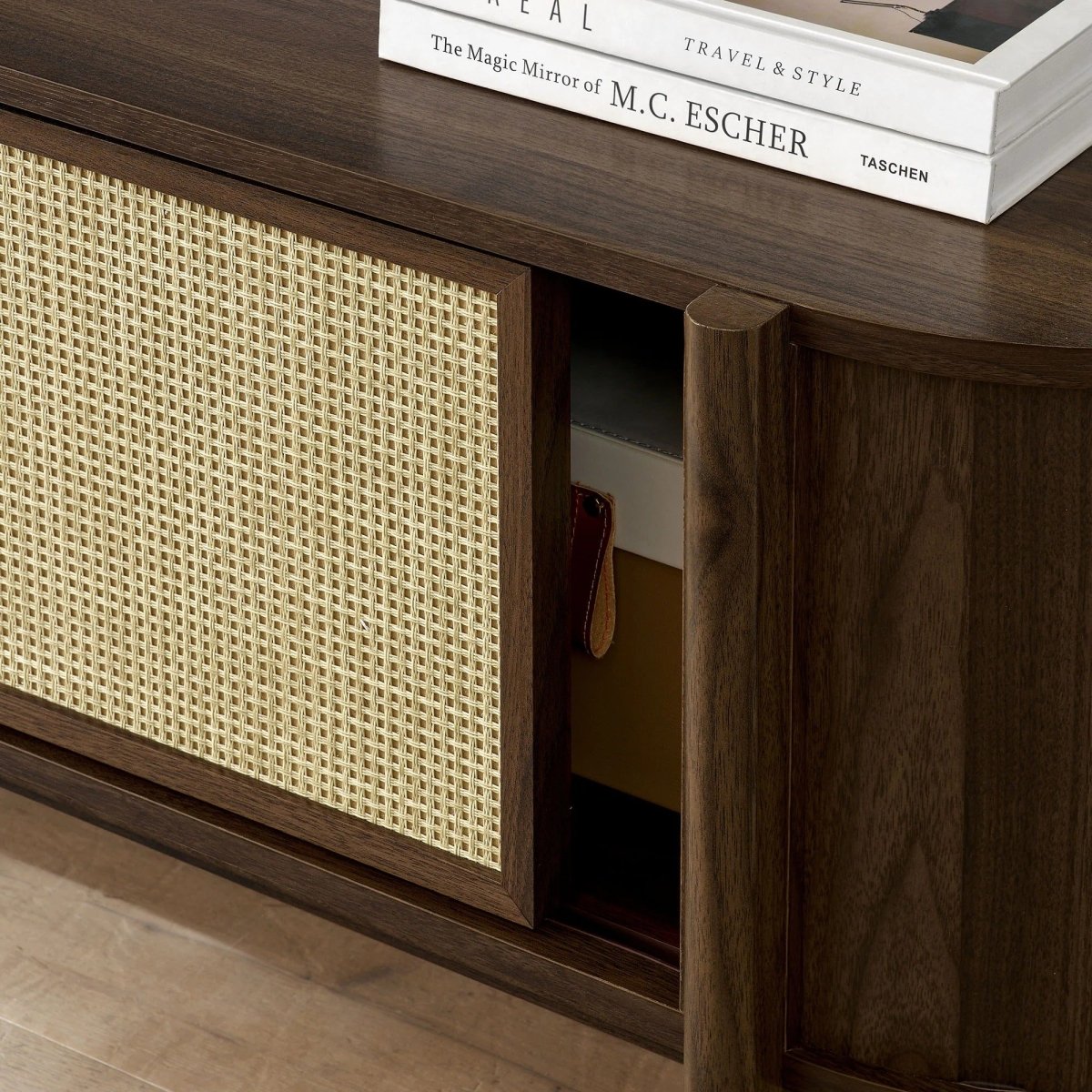 Mid Century Modern Oval TV Stand with Sliding Doors and Storage 61 Inch - TV Stands available at Alpine Outlets in Denver