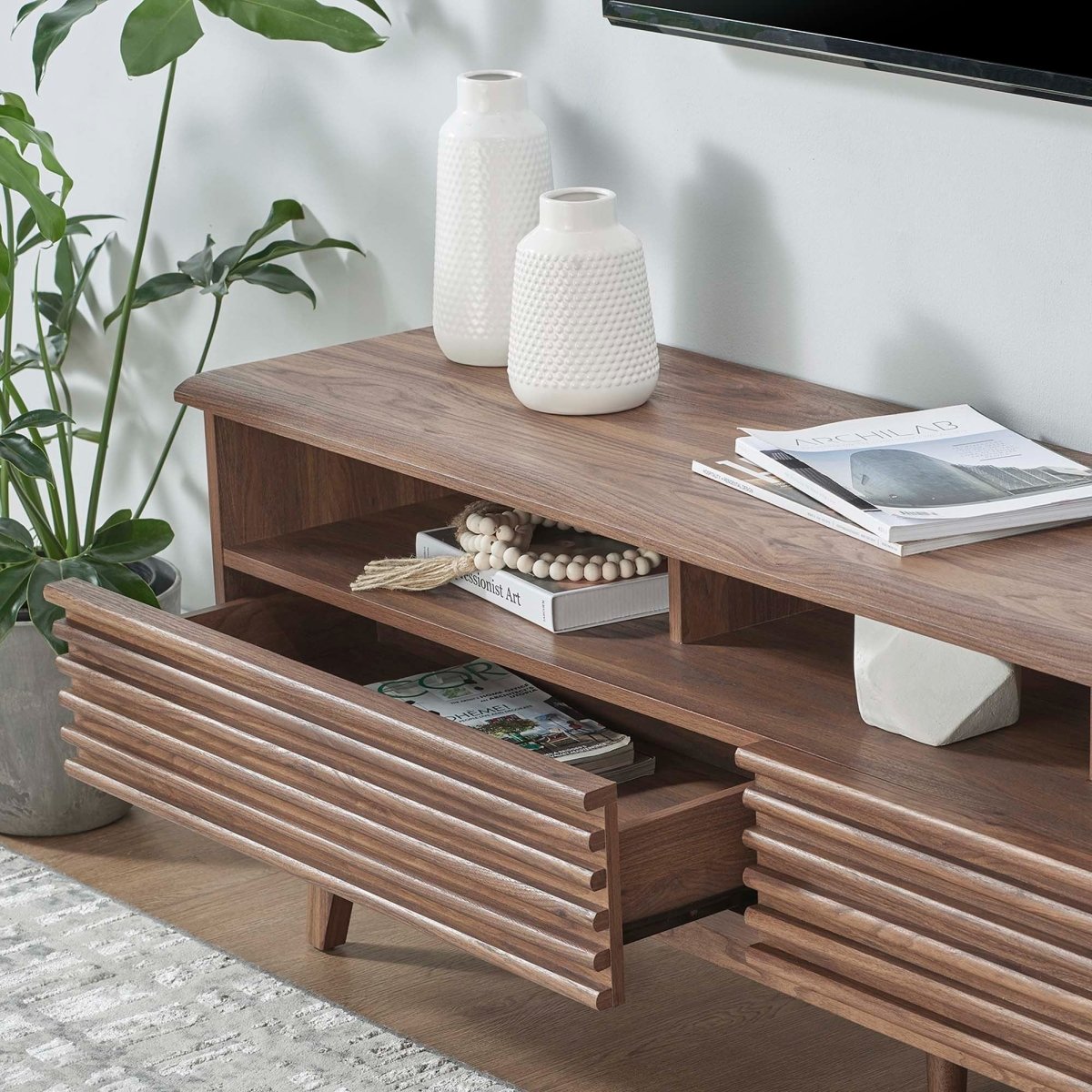 Mid Century Modern TV Stand with Drawers and Open Shelving 60 Inch - TV Stands available at Alpine Outlets in Denver