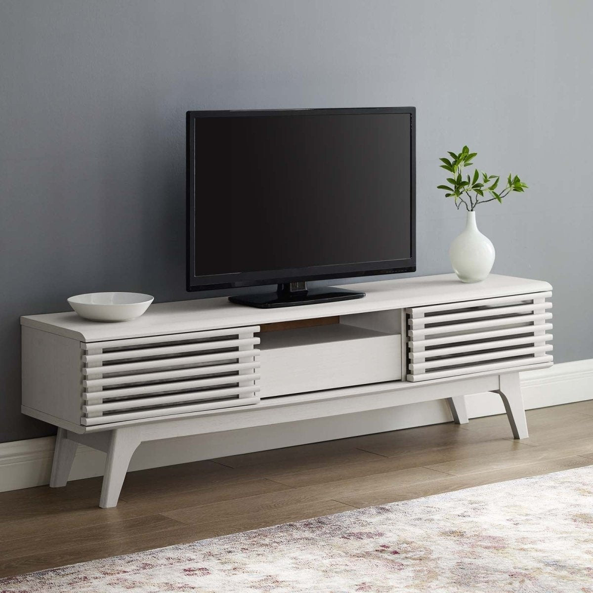Mid Century Modern TV Stand with Dual Sliding Doors and Drawer 59 Inch - TV Stands available at Alpine Outlets in Denver