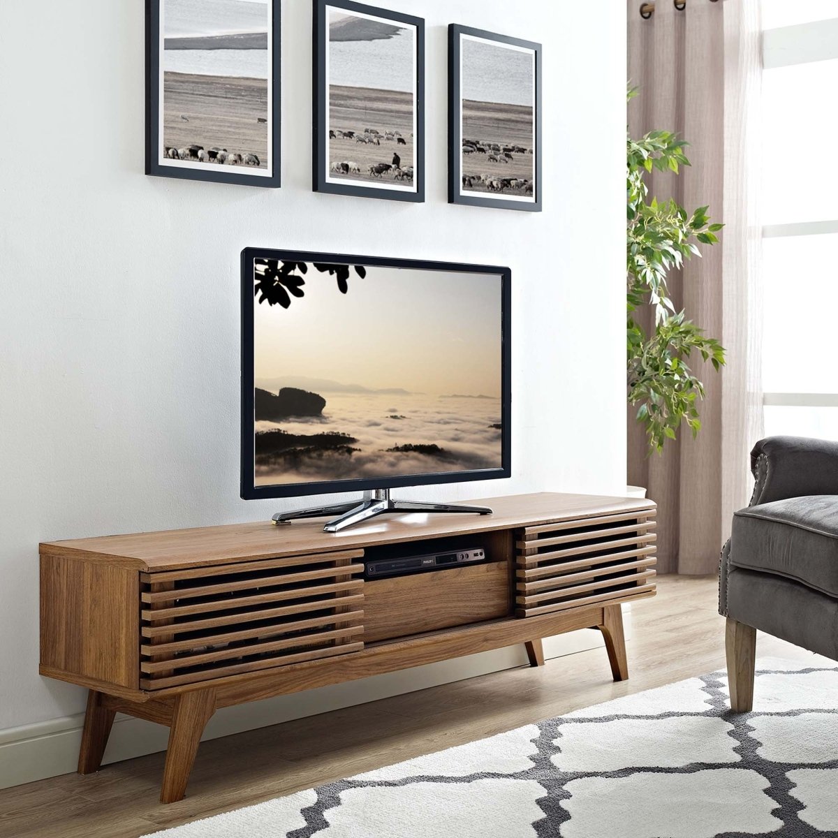 Mid Century Modern TV Stand with Dual Sliding Doors and Drawer 59 Inch - TV Stands available at Alpine Outlets in Denver