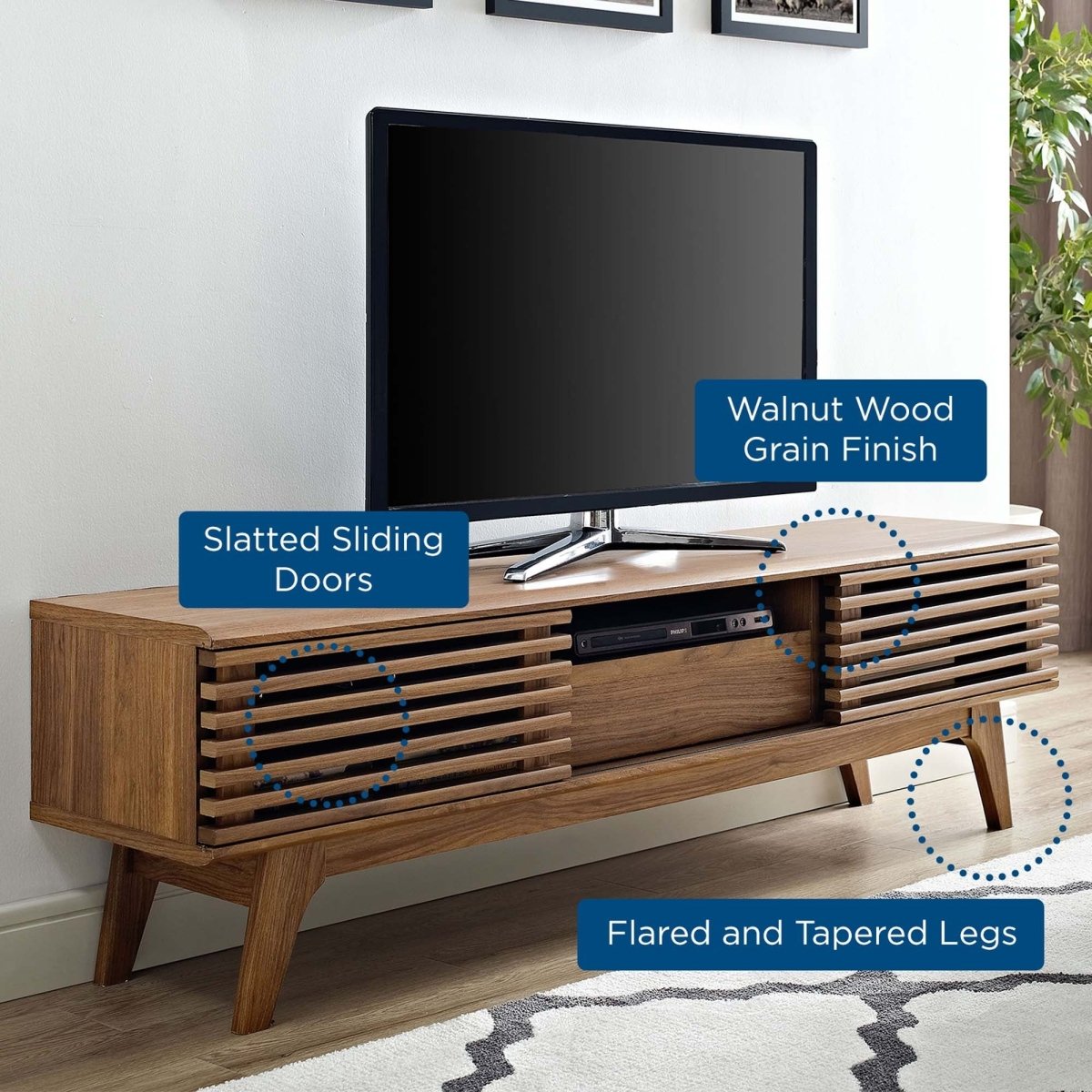 Mid Century Modern TV Stand with Dual Sliding Doors and Drawer 59 Inch - TV Stands available at Alpine Outlets in Denver