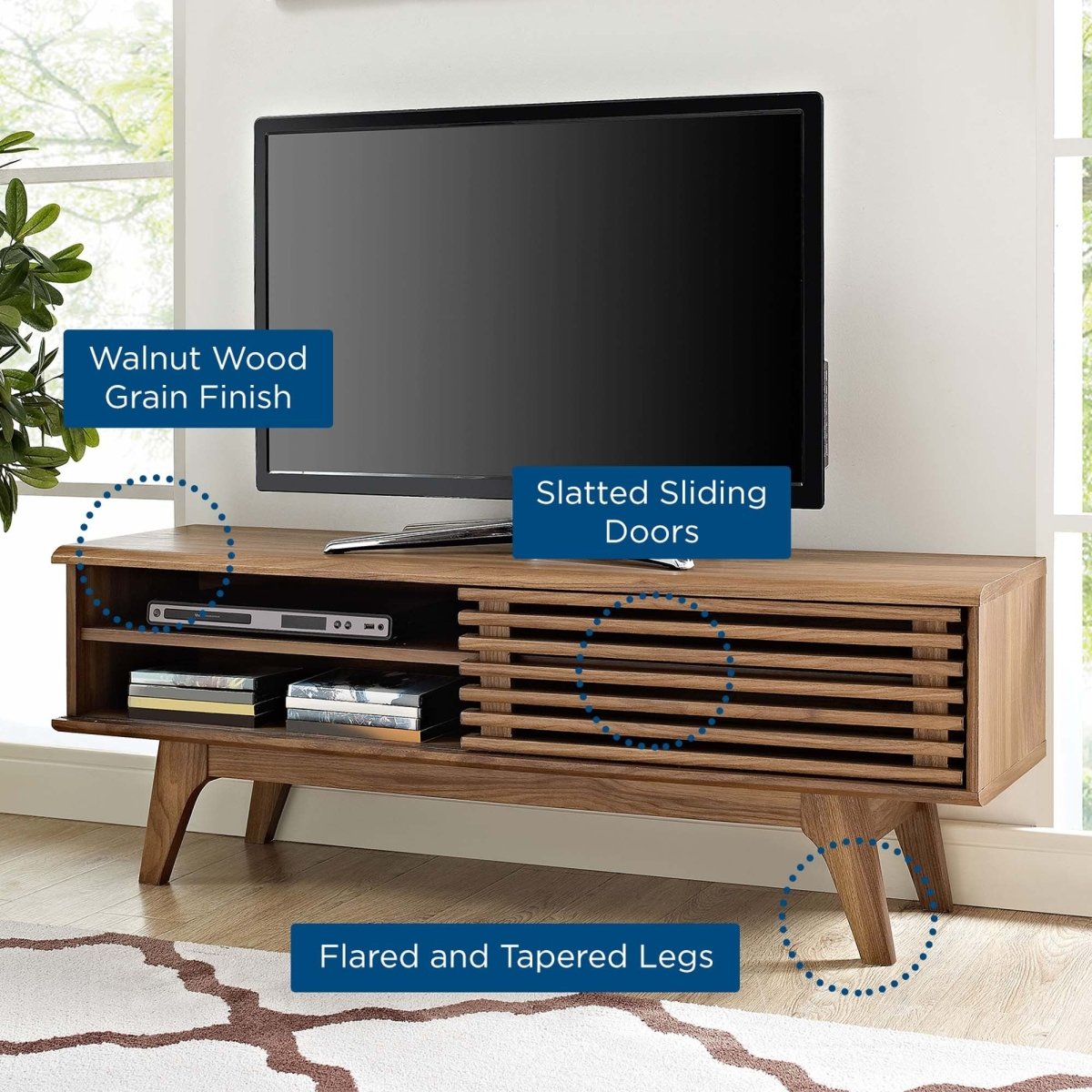 Mid Century Modern TV Stand with Slatted Sliding Door and Storage 48 Inch - TV Stands available at Alpine Outlets in Denver