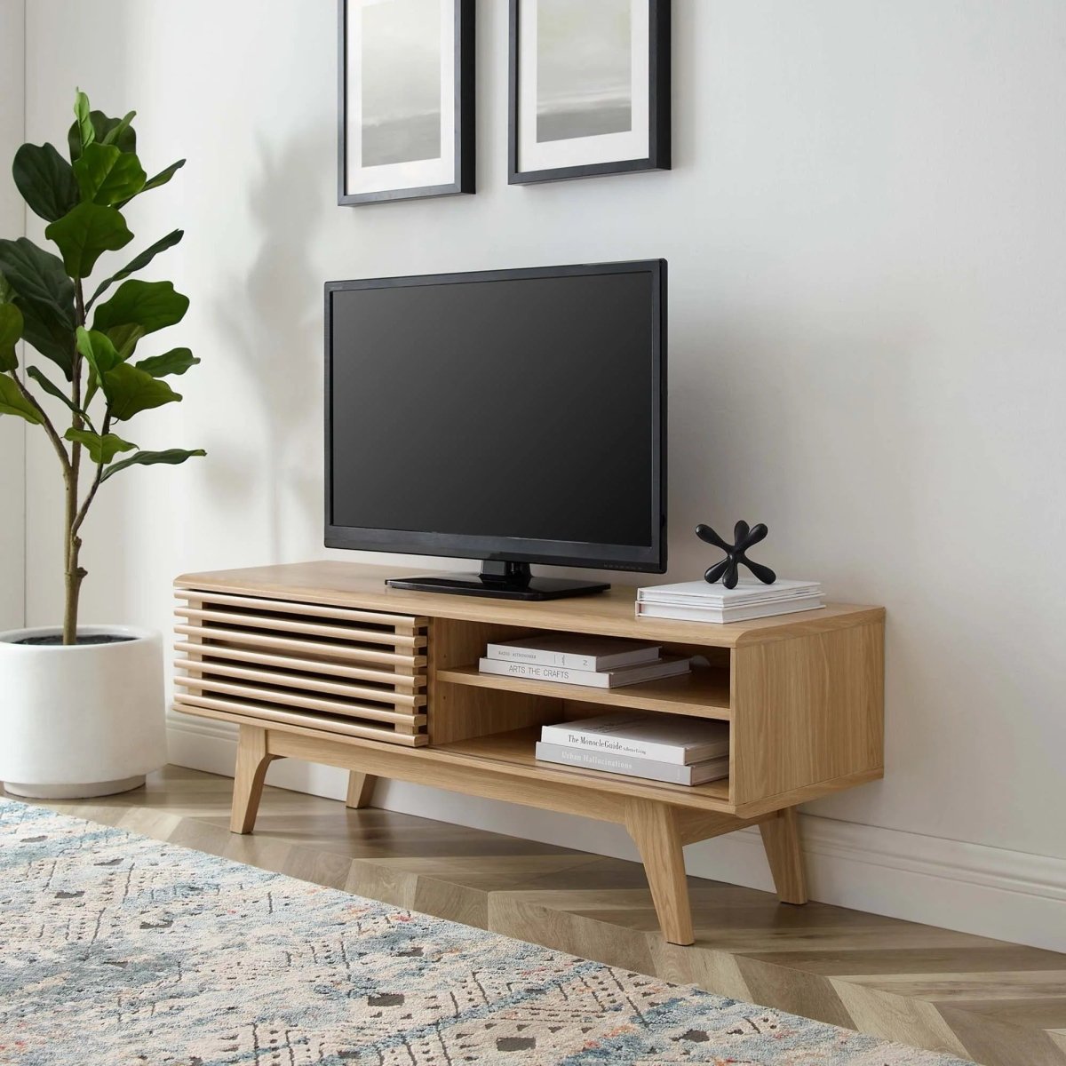 Mid Century Modern TV Stand with Slatted Sliding Door and Storage 48 Inch - TV Stands available at Alpine Outlets in Denver
