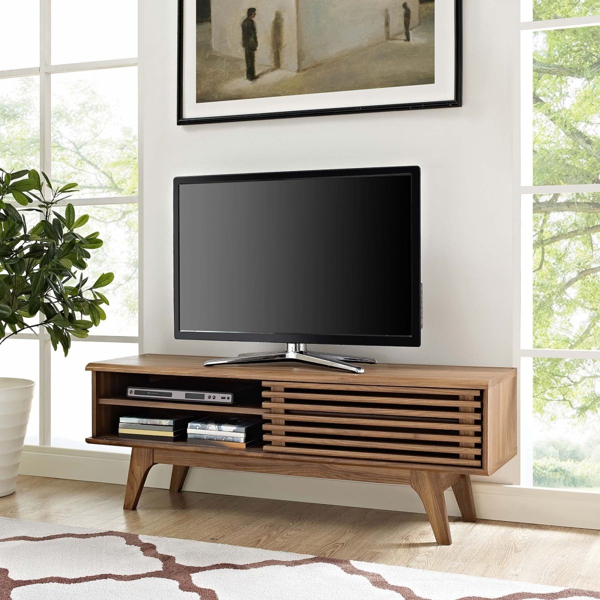 Mid Century Modern TV Stand with Slatted Sliding Door and Storage 48 Inch - TV Stands available at Alpine Outlets in Denver