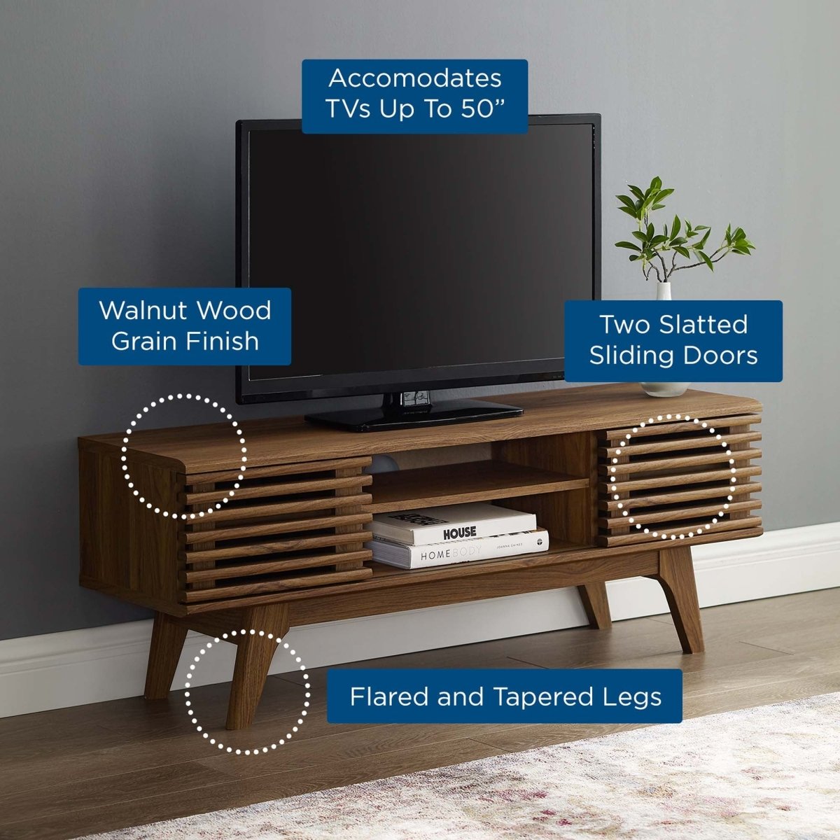 Mid Century Modern TV Stand with Sliding Doors and Adjustable Shelves 46 Inch - TV Stands available at Alpine Outlets in Denver