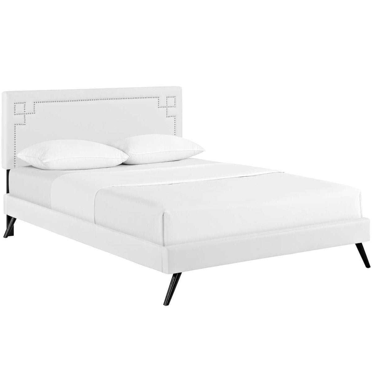 Mid - Century Modern Upholstered Vinyl Queen Platform Bed with Round Splayed Legs in White - Platform Bed available at Alpine Outlets in Denver