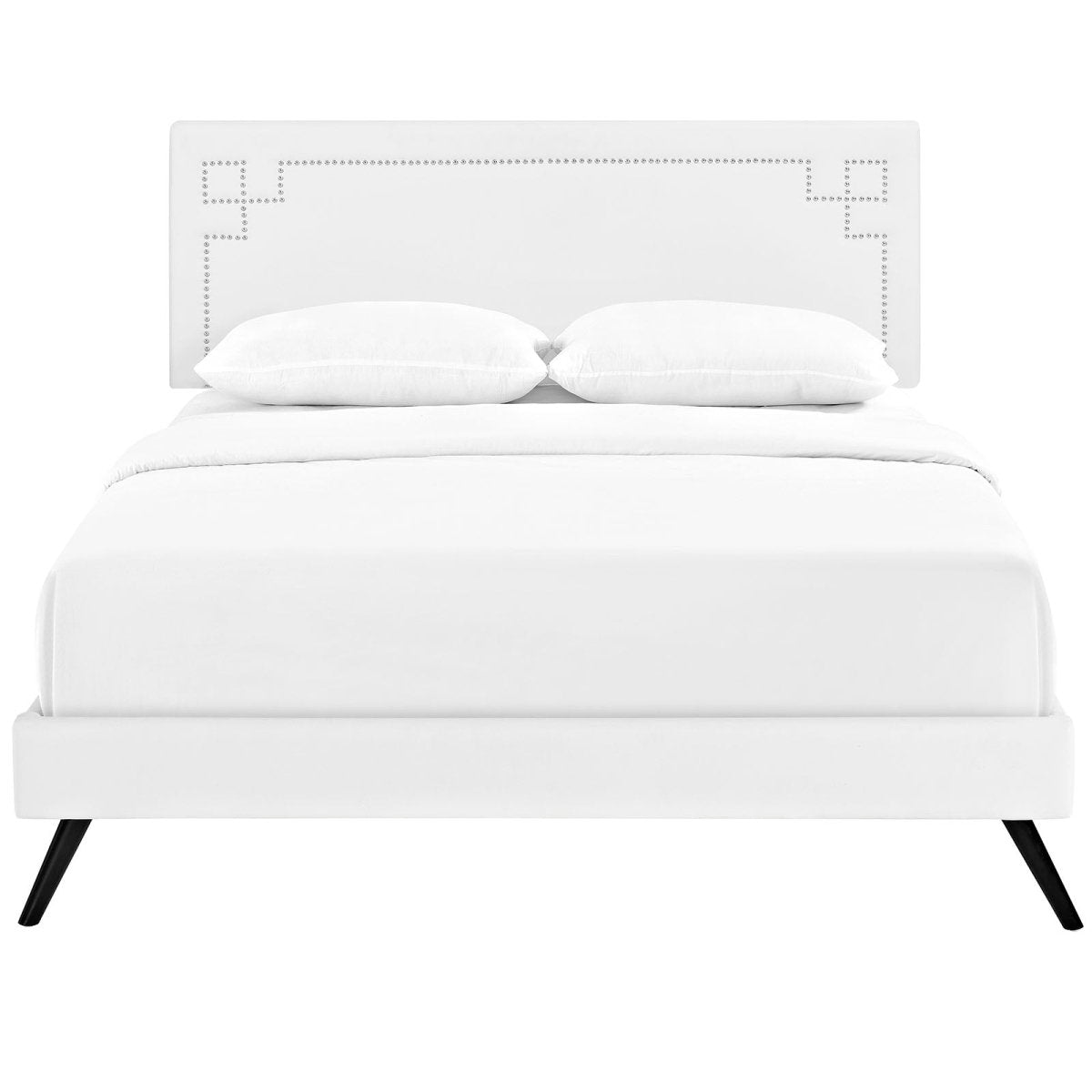 Mid - Century Modern Upholstered Vinyl Queen Platform Bed with Round Splayed Legs in White - Platform Bed available at Alpine Outlets in Denver