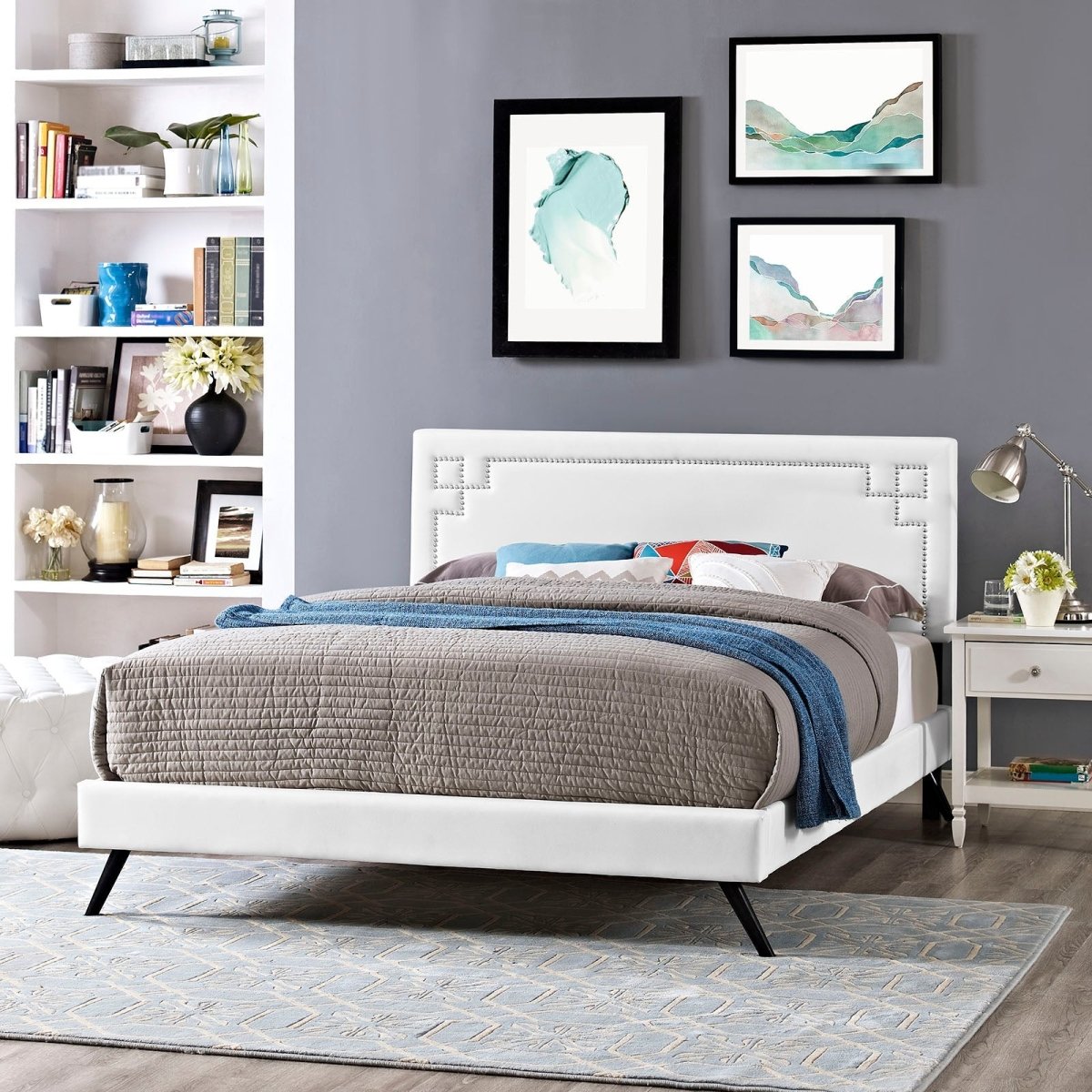Mid - Century Modern Upholstered Vinyl Queen Platform Bed with Round Splayed Legs in White - Platform Bed available at Alpine Outlets in Denver