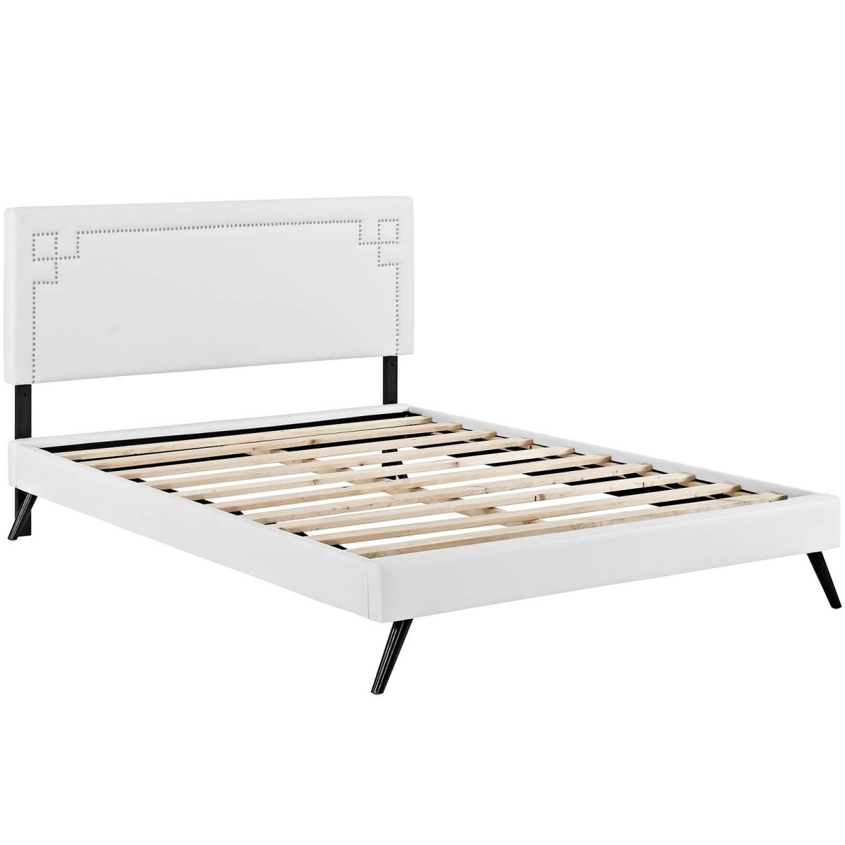 Mid - Century Modern Upholstered Vinyl Queen Platform Bed with Round Splayed Legs in White - Platform Bed available at Alpine Outlets in Denver