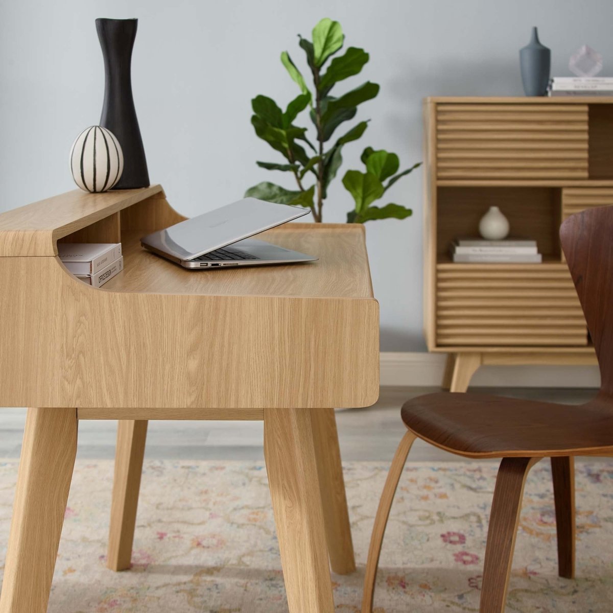 Mid-Century Writing Desk with Storage Drawers β Oak - Workspace - Alpine Outlets