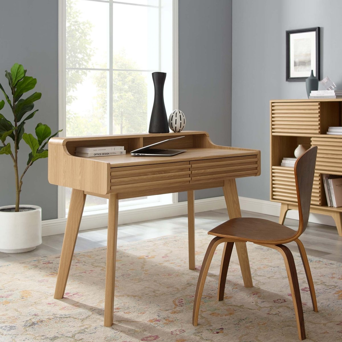 Mid-Century Writing Desk with Storage Drawers β Oak - Workspace - Alpine Outlets