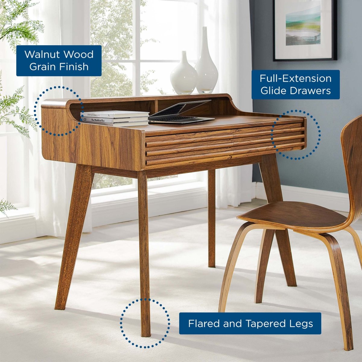 Mid-Century Writing Desk with Storage Drawers β Walnut - Workspace - Alpine Outlets