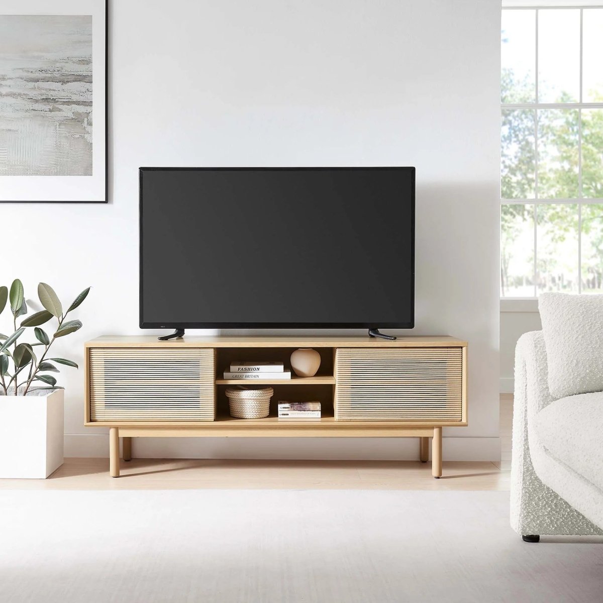 Minimalist TV Stand with Sliding Doors and Adjustable Shelves 59 Inch - TV Stands available at Alpine Outlets in Denver