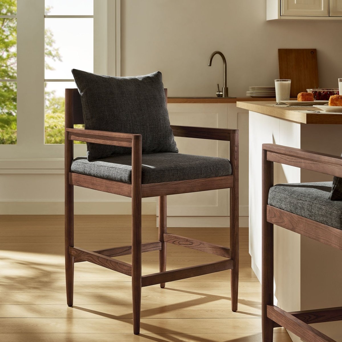 Modern Elm Wood Counter Stool with Slub Weave Fabric - Stools available at Alpine Outlets in Denver
