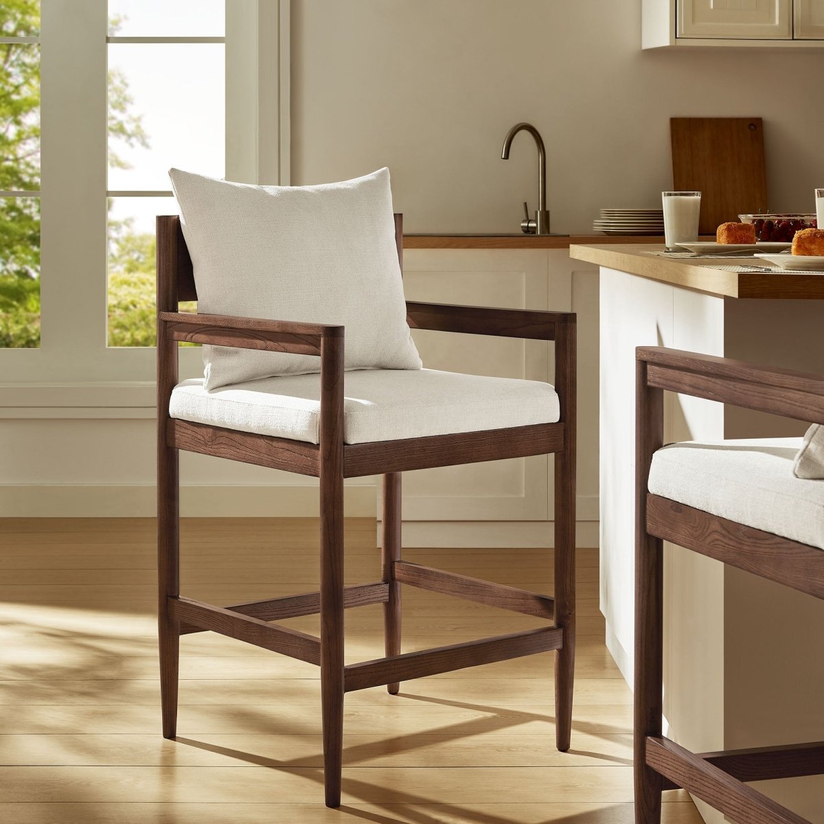 Modern Elm Wood Counter Stool with Slub Weave Fabric - Stools available at Alpine Outlets in Denver