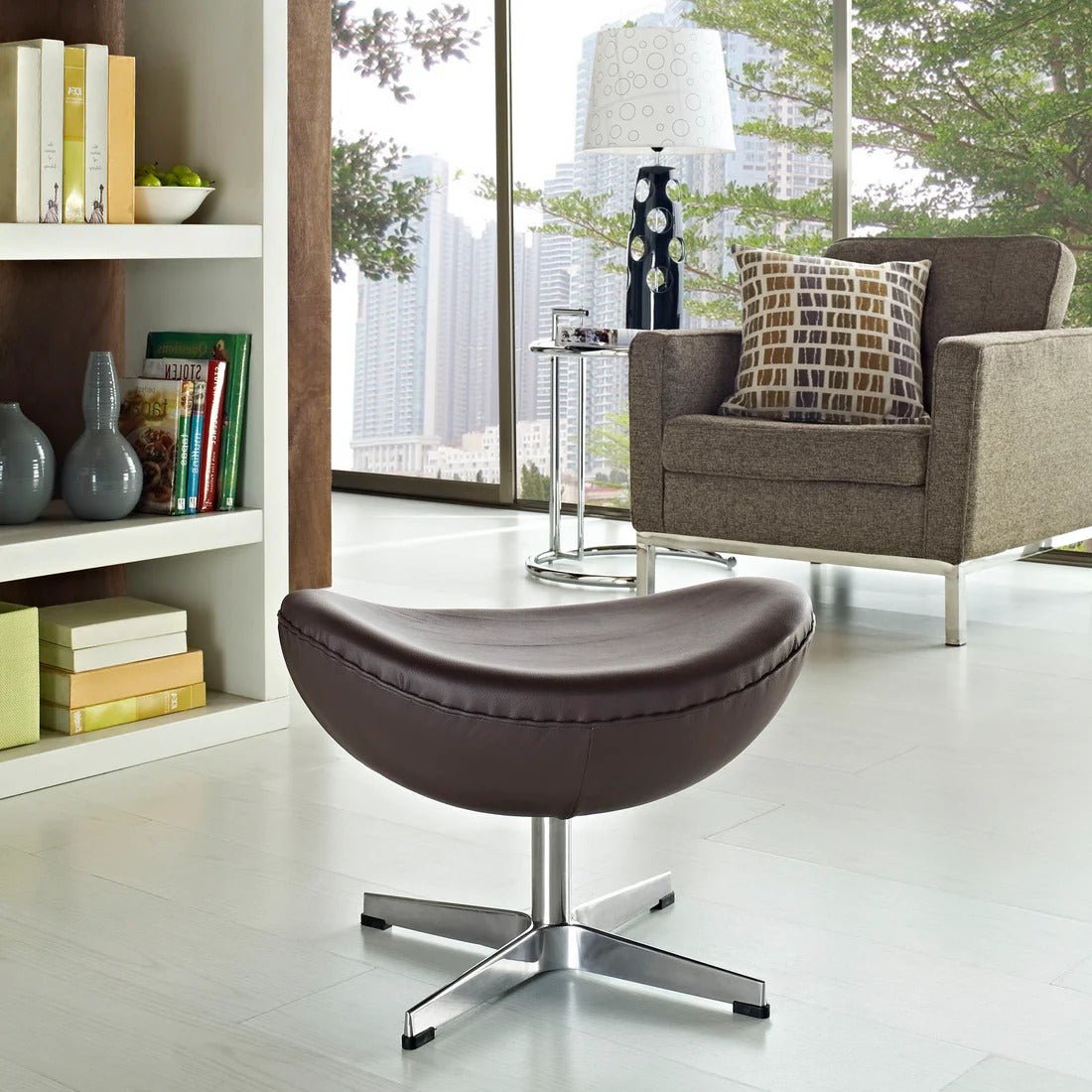 Modern Leather Ottoman with Aluminum Base – Sculptural 22 Inch - Ottomans available at Alpine Outlets in Denver