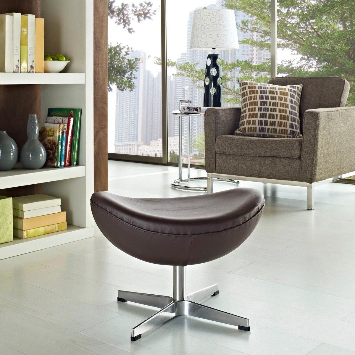 Modern Leather Ottoman with Aluminum Base – Sculptural 22 Inch - Ottomans available at Alpine Outlets in Denver
