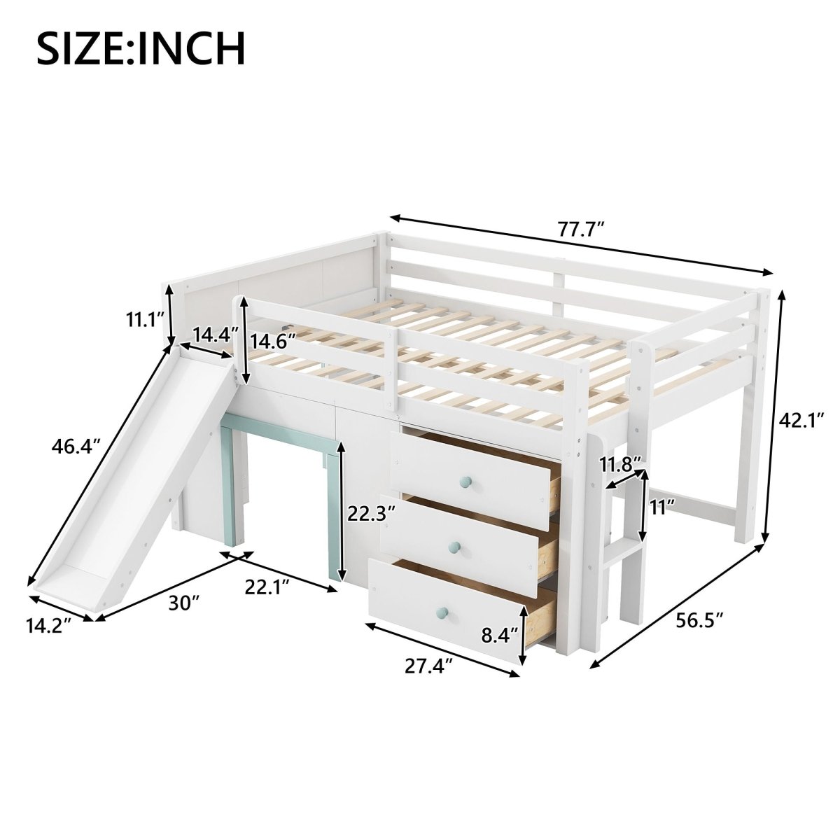 Modern Low Loft Bed With Slide, 3 Storage Drawers, And 2 Doors - Loft Beds available at Alpine Outlets in Denver