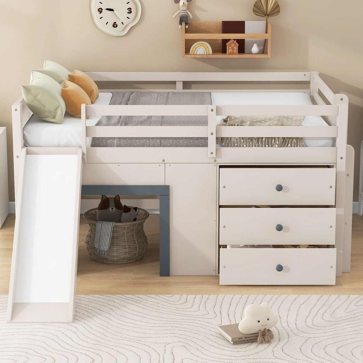 Modern Low Loft Bed With Slide, 3 Storage Drawers, And 2 Doors - Loft Beds available at Alpine Outlets in Denver
