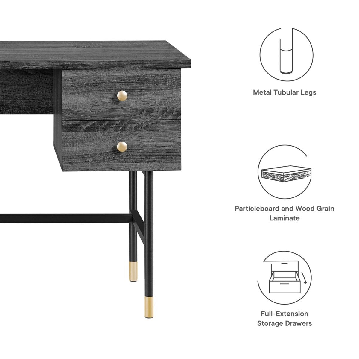 47" Black Charcoal Modern Office Desk with Gold Accents - Workspace - Alpine Outlets
