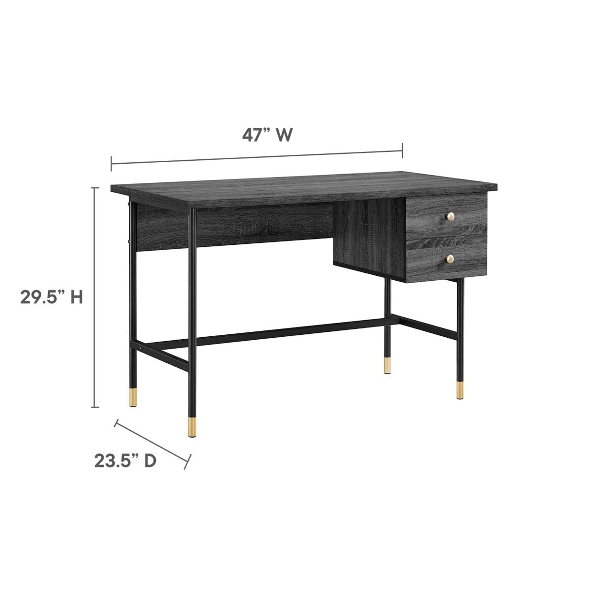 47" Black Charcoal Modern Office Desk with Gold Accents - Workspace - Alpine Outlets
