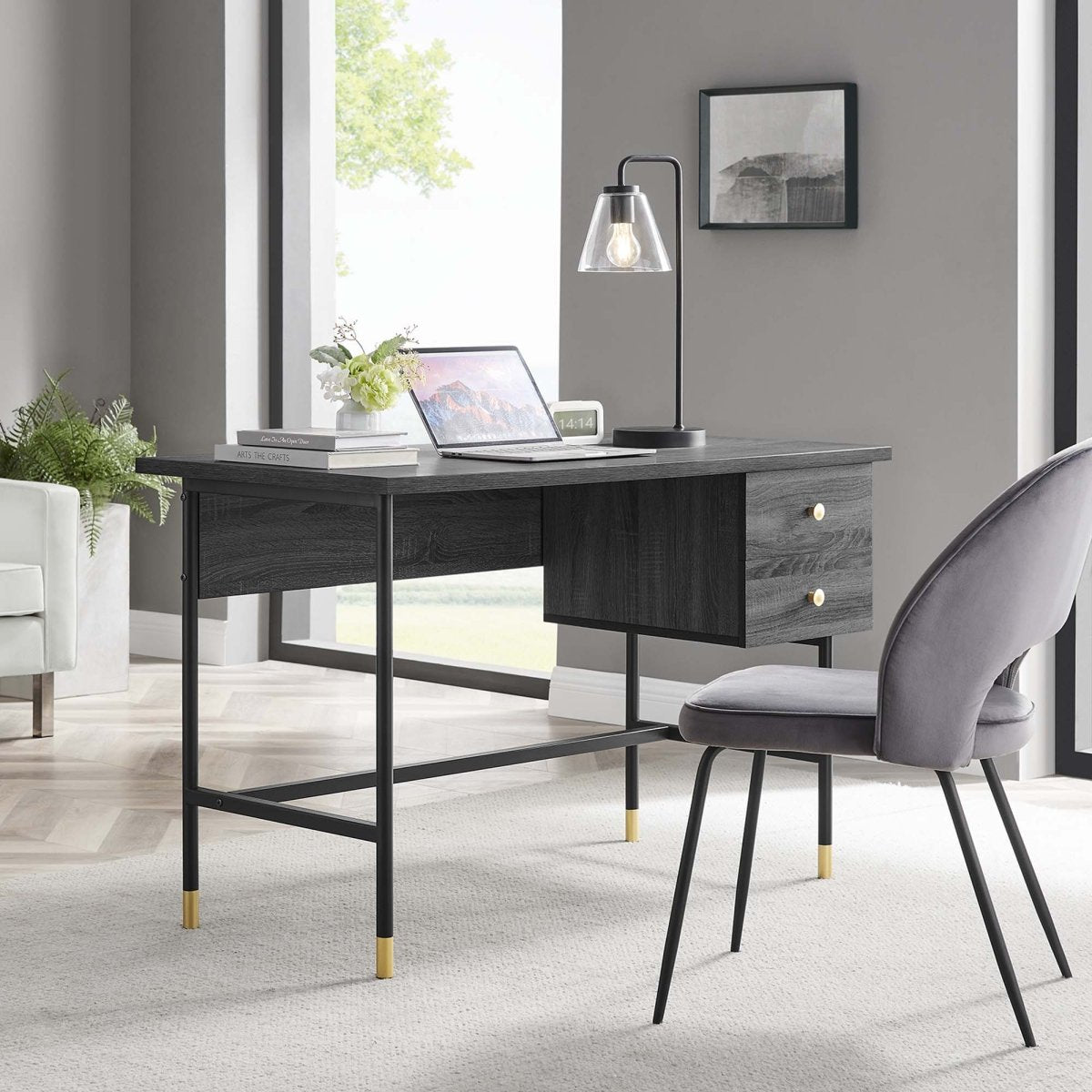 47" Black Charcoal Modern Office Desk with Gold Accents - Workspace - Alpine Outlets