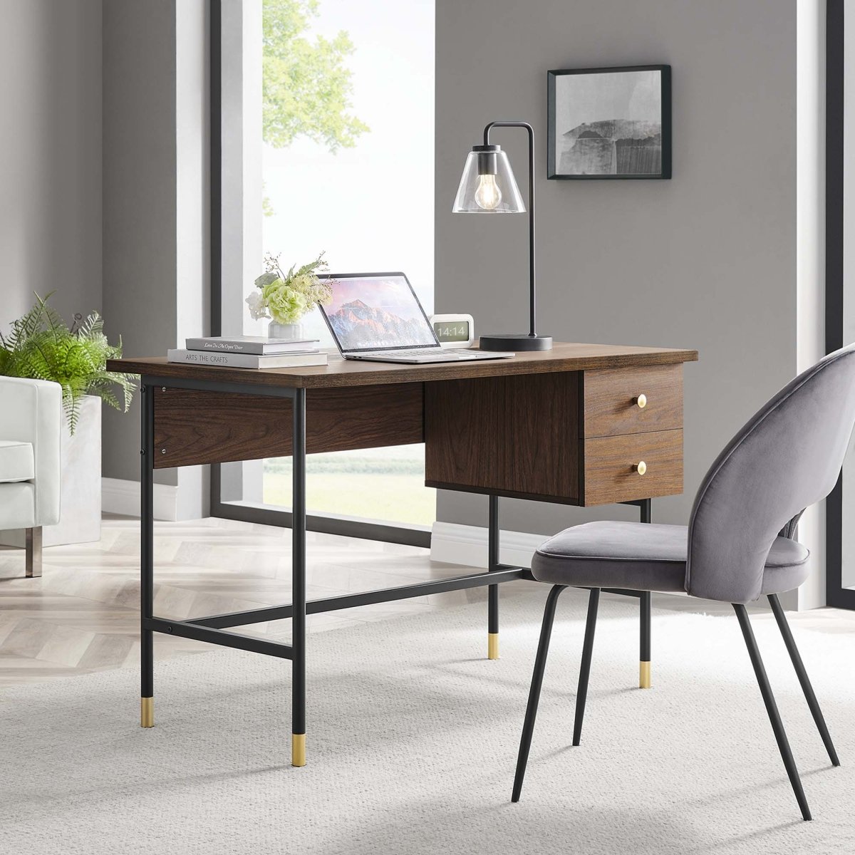 47" Black Walnut Modern Office Desk with Gold Accents - Workspace - Alpine Outlets