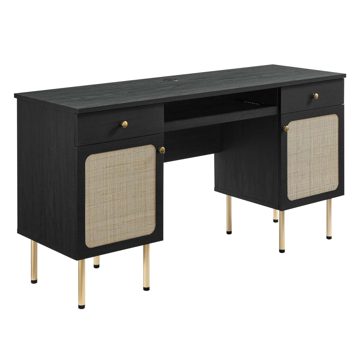 55" Black Modern Rattan Office Desk - Workspace - Alpine Outlets