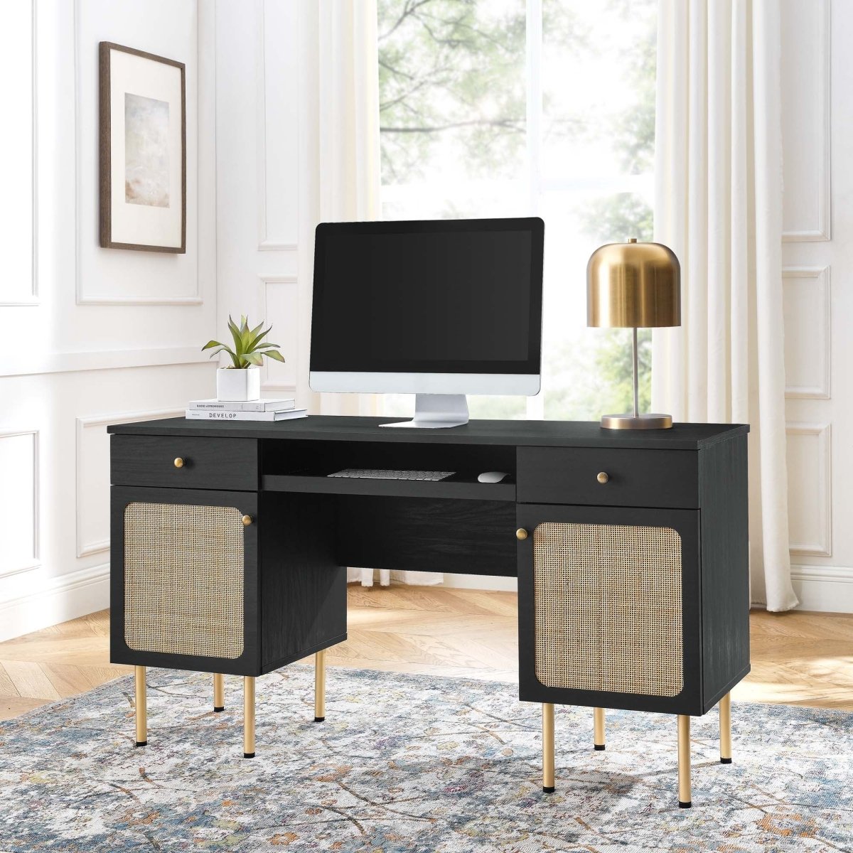 55" Black Modern Rattan Office Desk - Workspace - Alpine Outlets