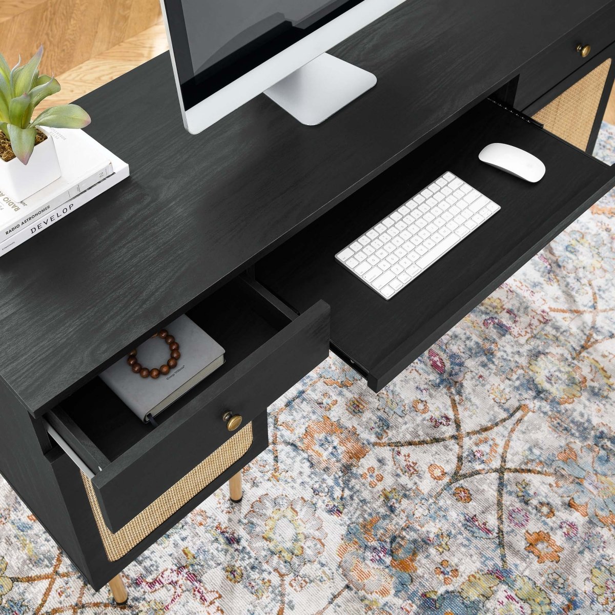 55" Black Modern Rattan Office Desk - Workspace - Alpine Outlets
