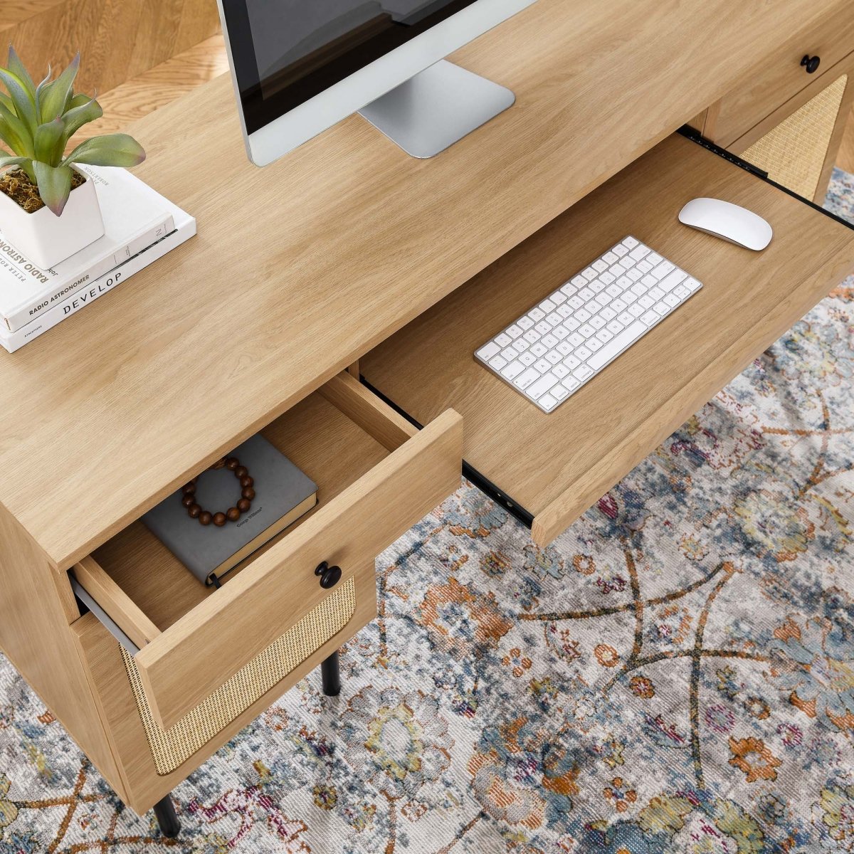 55" Oak Modern Rattan Office Desk - Workspace - Alpine Outlets