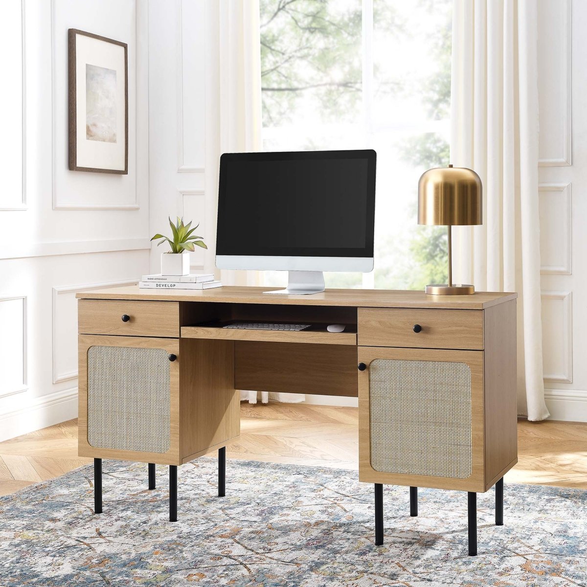 55" Oak Modern Rattan Office Desk - Workspace - Alpine Outlets