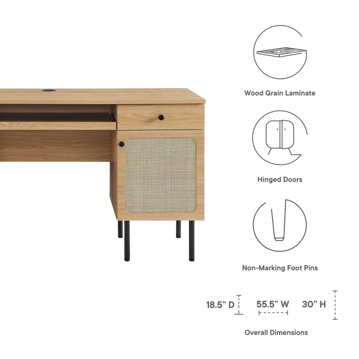 55" Oak Modern Rattan Office Desk - Workspace - Alpine Outlets